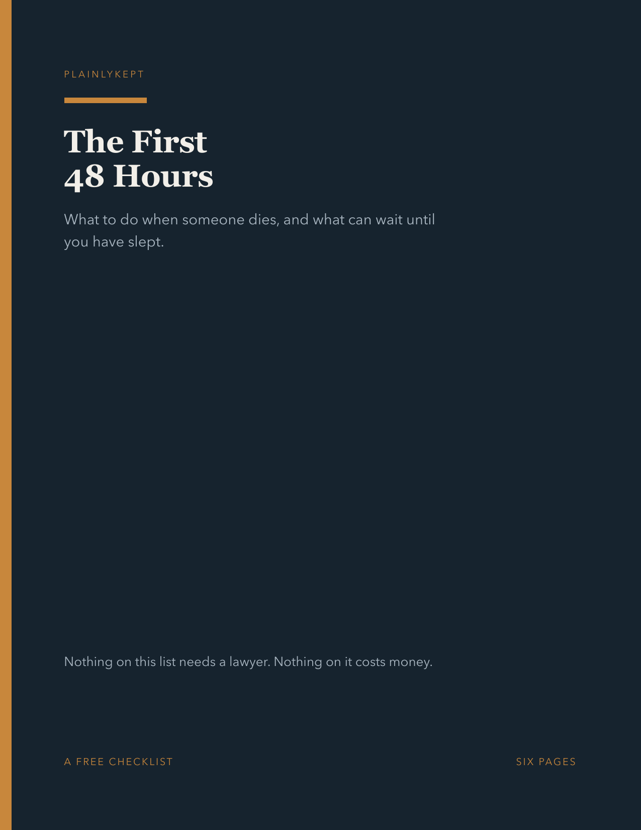 The cover of The First 48 Hours, a six page checklist from PlainlyKept