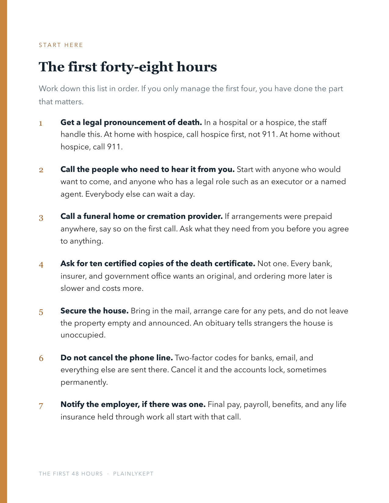 Page two of the checklist, headed The first forty-eight hours, showing seven numbered steps